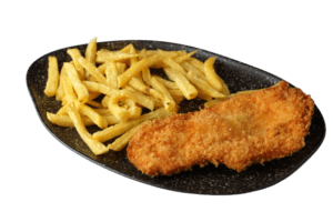Pechuga de pollo rebozada con patatas fritas